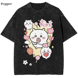 Cute Chiikawa Cartoon Hip Hop T-Shirts High Street Streetwear 100% Cotton Printed Tops Tee Shirt for Men Women Menswear Vintage