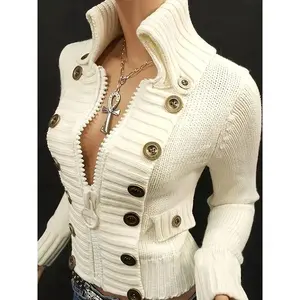 Women's Black Cardigan - Slim-Fit Sweater with Front Zipper & Golden Buttons, Elegant Stand-Up Collar for Formal/Casual Outfits - All-Season Chic Jacket, Versatile Layering, Modern Knitwear, Premium Finish, Fashionforward Women Ca