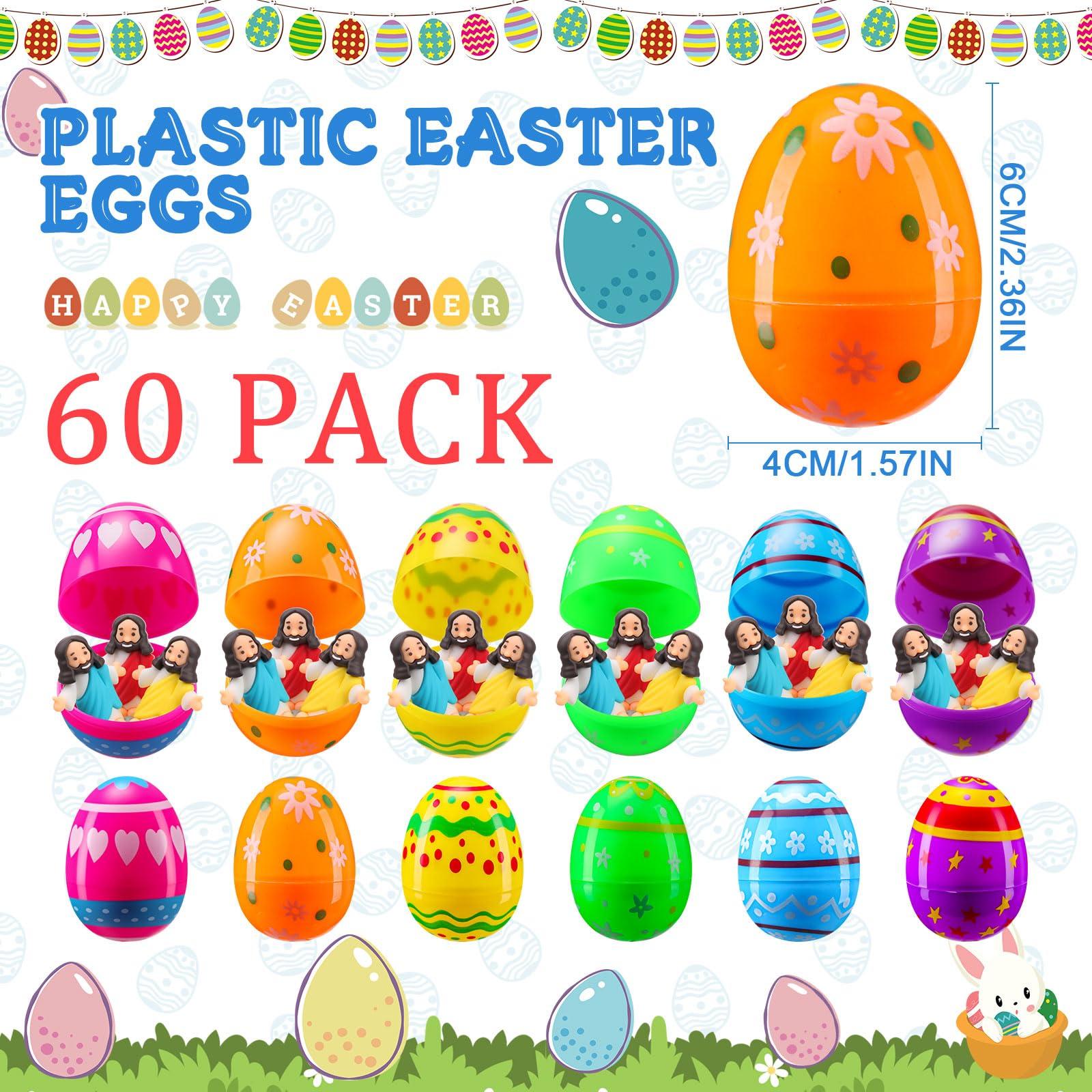 12set/24set/30set/36set/48set/50set/60set Prefilled Easter Eggs with Mini Jesus Figures for Easter Egg Hunt Basket Stuffers Fillers He Is Risen Easter Eggs Filled with Mini Jesus Figures for Boys Girls Outdoor Play Classroom Prize Easter Party Favors