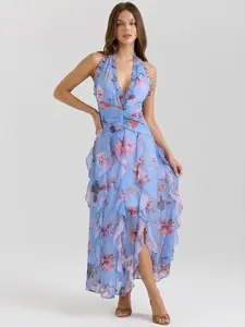 LikeMyChoice Fuchsia Floral Ruffle Maxi Dress - Halter Neckline, Cascading Ruffles, Open Back, Perfect for Beach & Party - Casual