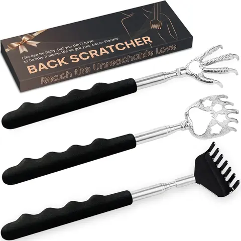 3-Pack Stainless Steel Portable Telescoping Backscratcher with Rubber Handles, Extendable Back Massager Tool in Gift Box, Christmas White Elephant Stocking Stuffers for Adults