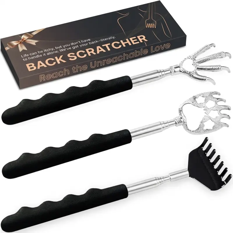 3-Pack Stainless Steel Portable Telescoping Backscratcher with Rubber Handles, Extendable Back Massager Tool in Gift Box, Christmas White Elephant Stocking Stuffers for Adults