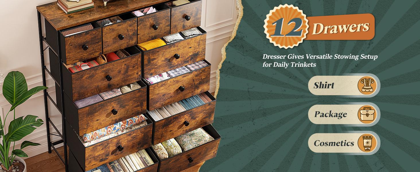 [New Size Available&]Raybee Furniture Tall Dresser with 12 Drawers, Modern Compact Fabric Dressers & Chests of Drawers, Steel Frame & Wood Top for Bedroom, Stylish Clothes Storage Organizer for Living Room, Bedroom, Hallway, Closets, Assembly Required