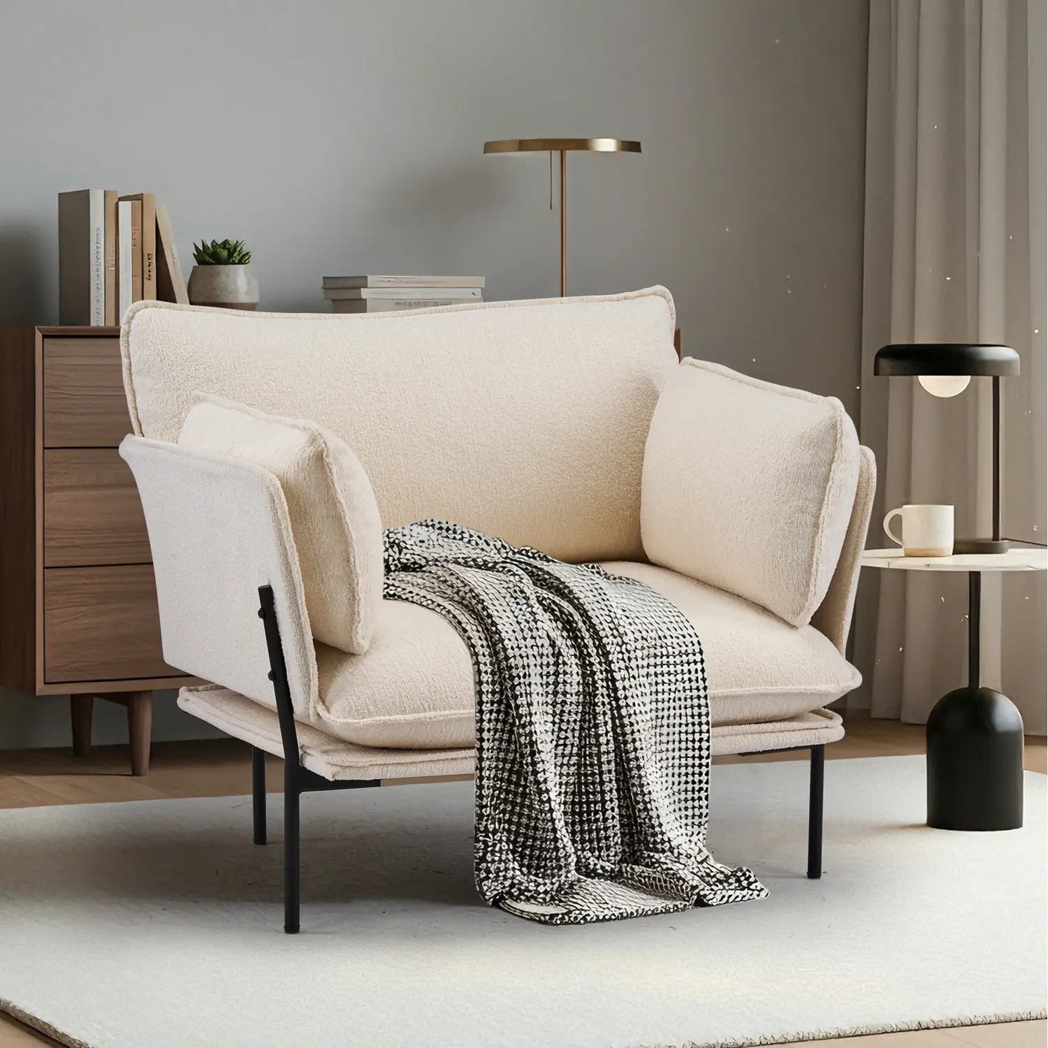 Modern Boucle Accent Chair with Armrests, Durable Upholstered Oversized Ergonomic Chair, Sturdy Metal Legs, Comfortable Seating Option for Living Room, Reading Nook, Fixed Back