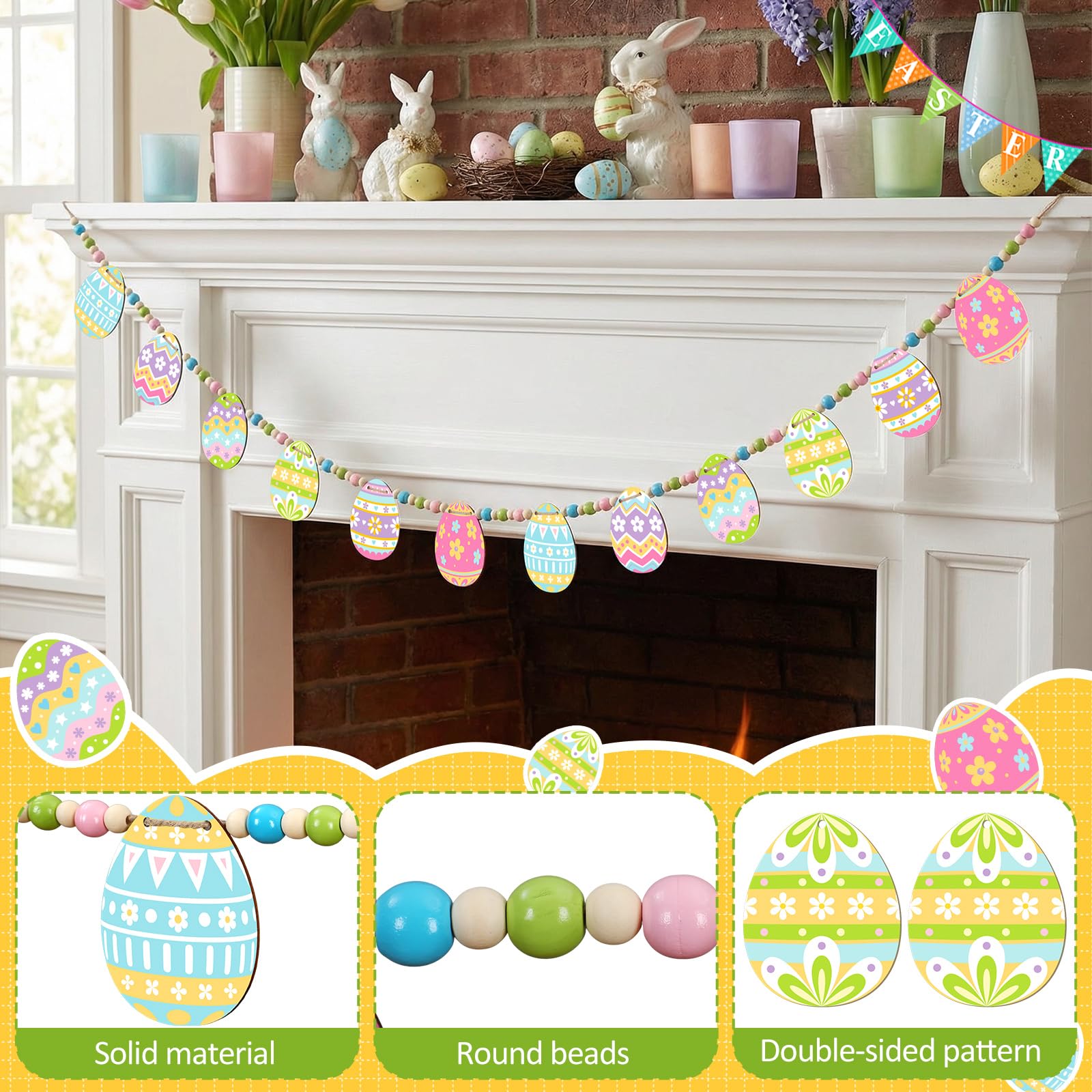 Easter Bunny Garland Wood Beads Banner Rustic Rabbits Hanging Garland with Beads, Bunny Eggs with Bow Door Wreath Garland for Mantle Fireplace Shelf Wall Doorway Display, Spring Home Decor, Easter Decor 2026 Easy Hang Indoor Outdoor Party Supplies & Gifts