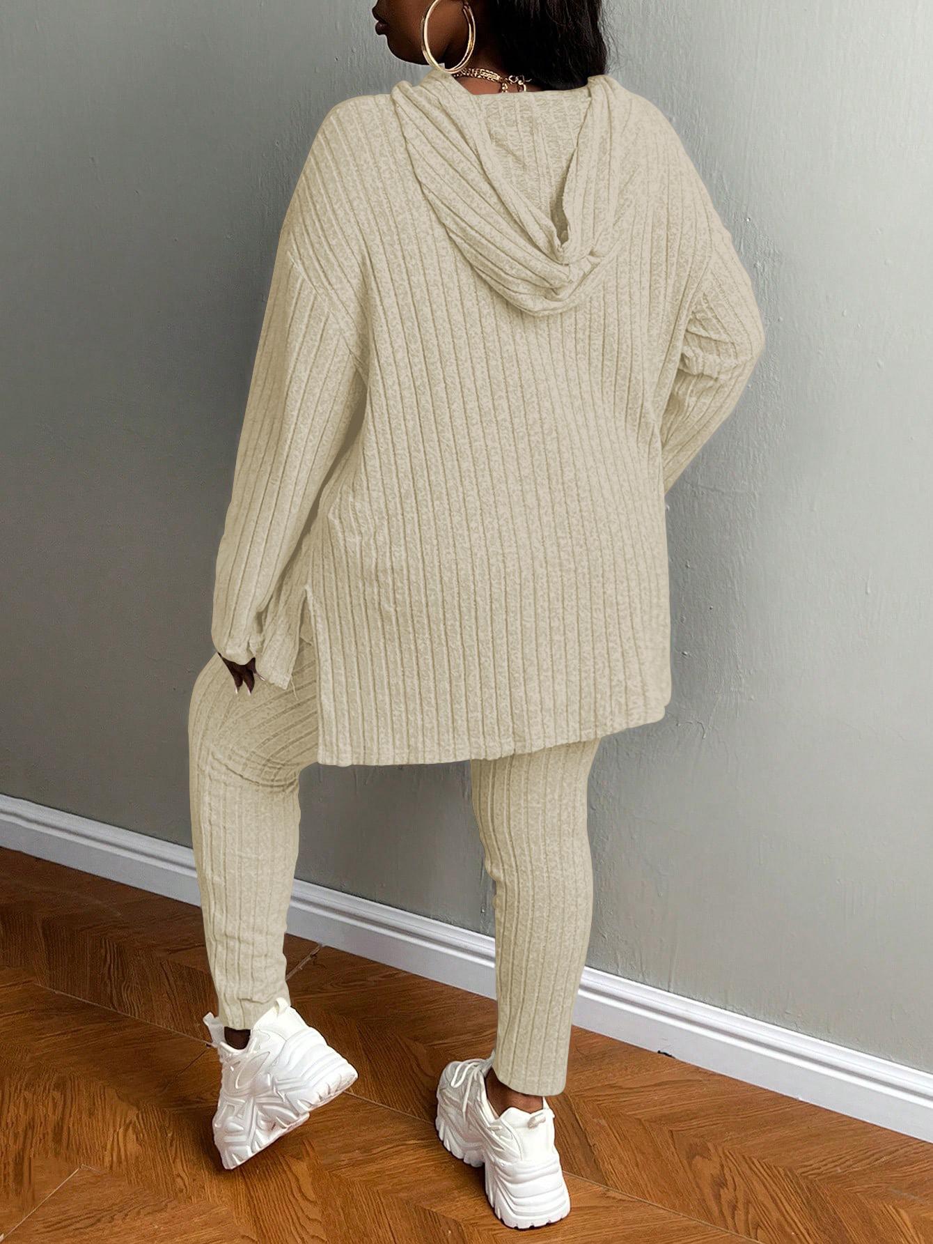 USBOUTIQUECHIC Plus Size Women's Solid Textured Ribbed Hoodie & Elastic Waist Pants Set, Casual Cozy Ribbed Knit Outfits for Fall & Winter, Baggy Matching Suits for Daily Wear