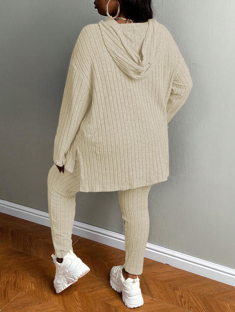 USBOUTIQUECHIC Plus Size Women's Solid Textured Ribbed Hoodie & Elastic Waist Pants Set, Casual Cozy Ribbed Knit Outfits for Fall & Winter, Baggy Matching Suits for Daily Wear
