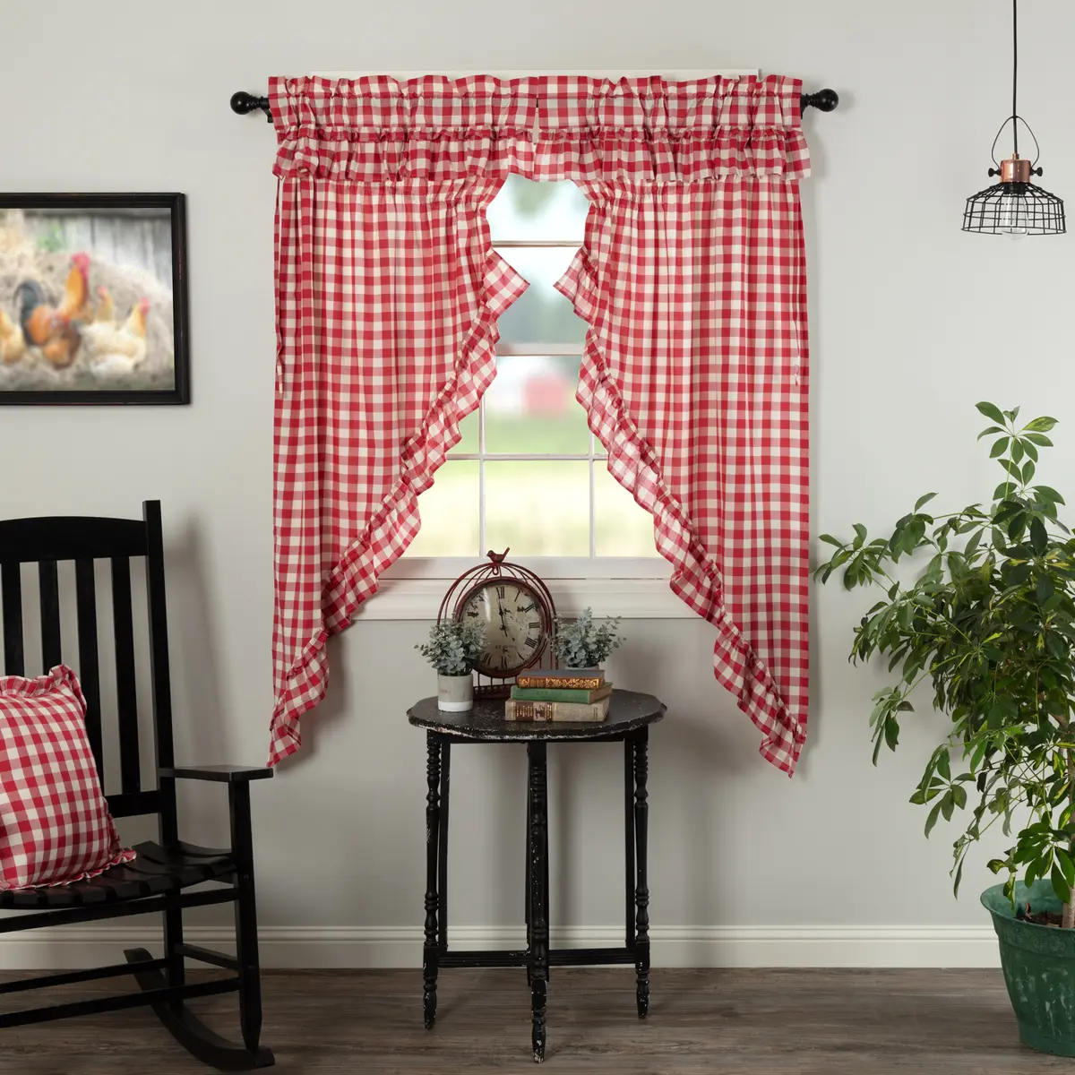 Cherry Ann 100% Cotton Buffalo Check Curtain Panels, Machine-Stitched Ruffled Edge Prairie Window Drapery