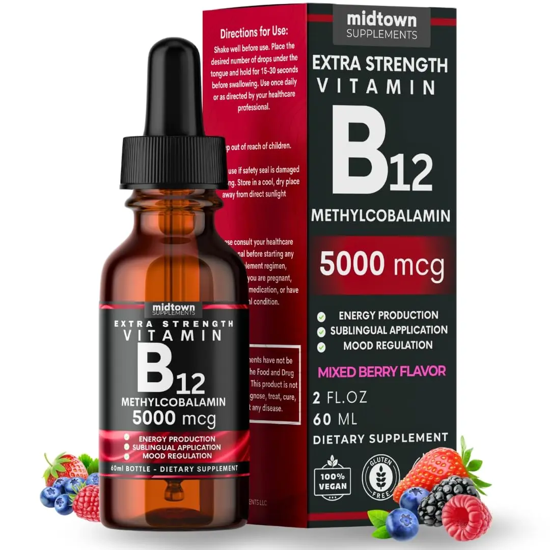Midtown Supplements B12 5000 mcg - Sublingual Methylcobalamin Drops - Boost Mood, Energy & Metabolism Healthcare Vitamin