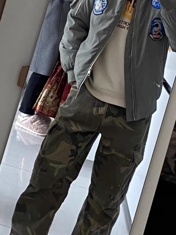 American Street Retro Loose Straight-Leg Camouflage Cargo Pants for Men Heavy Washed Handmade Patch Ripped Trendy Military Pants\