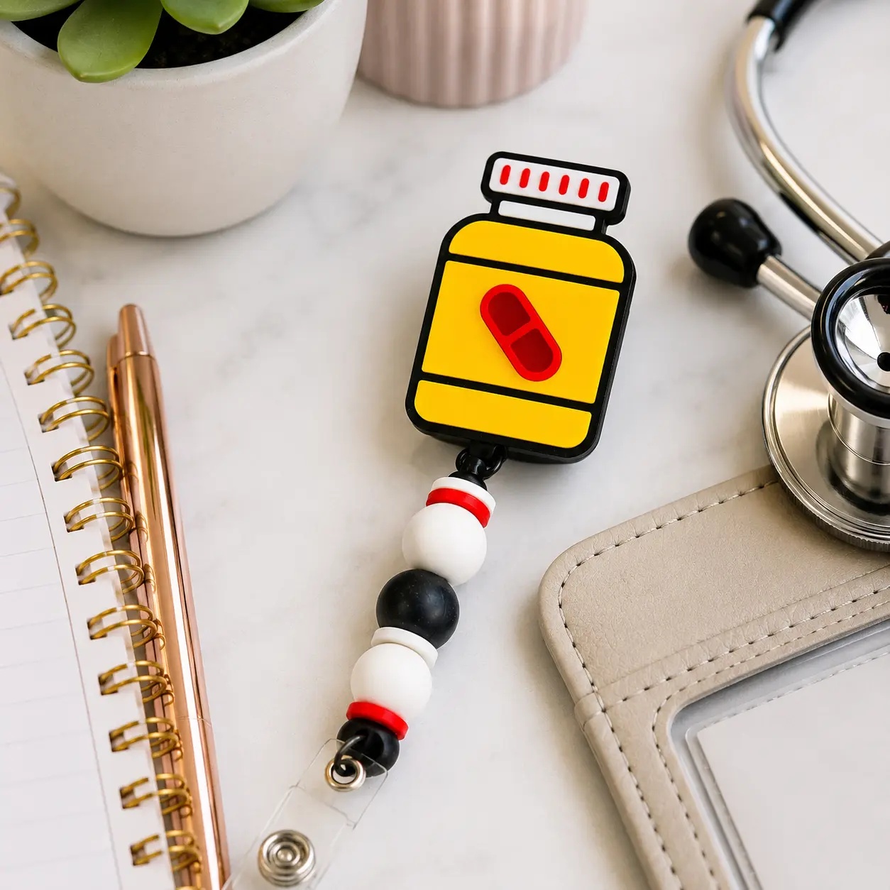 Handmade Silicone Bead Pill Bottle Badge Reel Clip - Retractable Unisex Nurse ID Holder for Medical Work & Business, Fashion Collar Clip-Brooch with Beaded Look, Silicone Plastic
