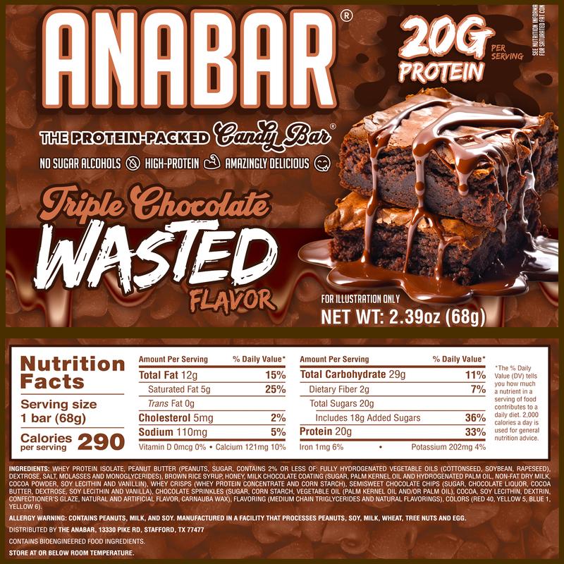 Anabar Triple Chocolate Wasted - 12 Pack - Best Tasting Protein Bar With 20g Protein & No Sugar Alcohols. Candy Bar Flavor With Protein Bar Nutrition. Healthy Dessert Snack With Protein
