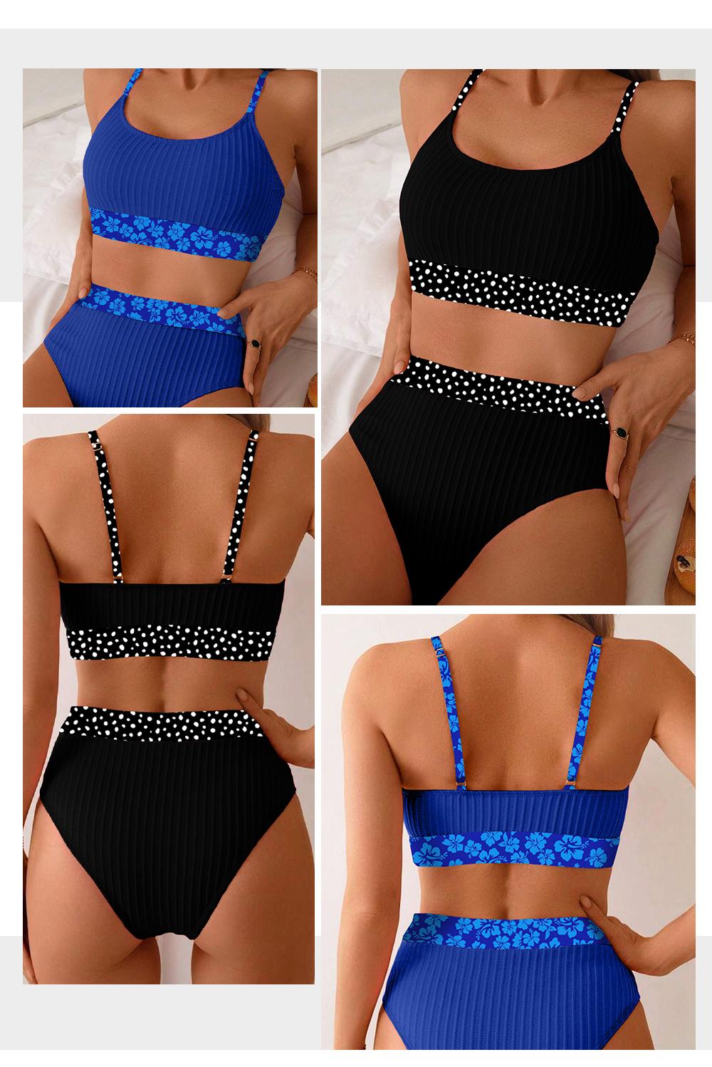 Aleumdr Women's Ribbed Textured High Waisted Bikini Set Floral Trim Two Piece Swimsuit with Adjustable Straps Stretchy Jacquard Fabric Tummy Control Swimwear for Beach Pool and Vacation SpringStatements