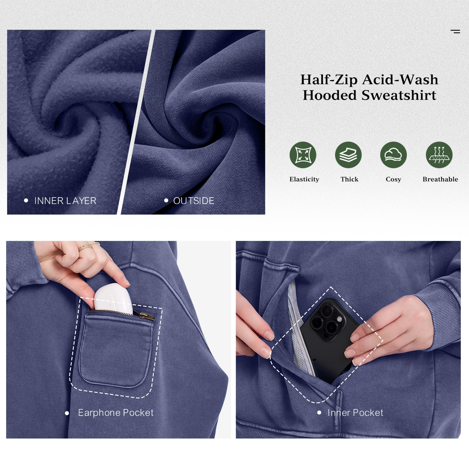 FAIABLE Unisex Oversized Hoodie for Women Men Vintage Acid Washed Heavyweight Fleece Half Zip Pullover with Kangaroo Pocket & Earbud Sleeve Pocket Casual Aesthetic Streetwear Style Essential Hoodies Comfort Hoodies Zip Hoodie