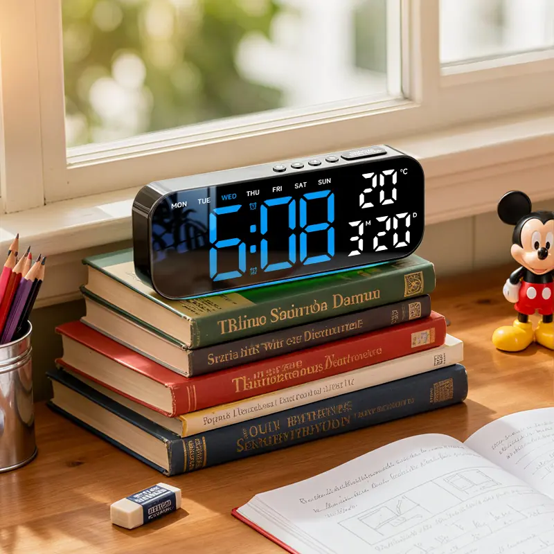 TIMESS Multifunctional Colorful Digital Clock - 10-in LED Display, Adjustable Intensity, Calendar, Week, Temperature, Bright or Dim - Modern Oval LED Digital Wall Clocks, Backlit Desk & Shelf Clocks for Bedroom, Office, Birthday Gift, Room Decor, Hallowee