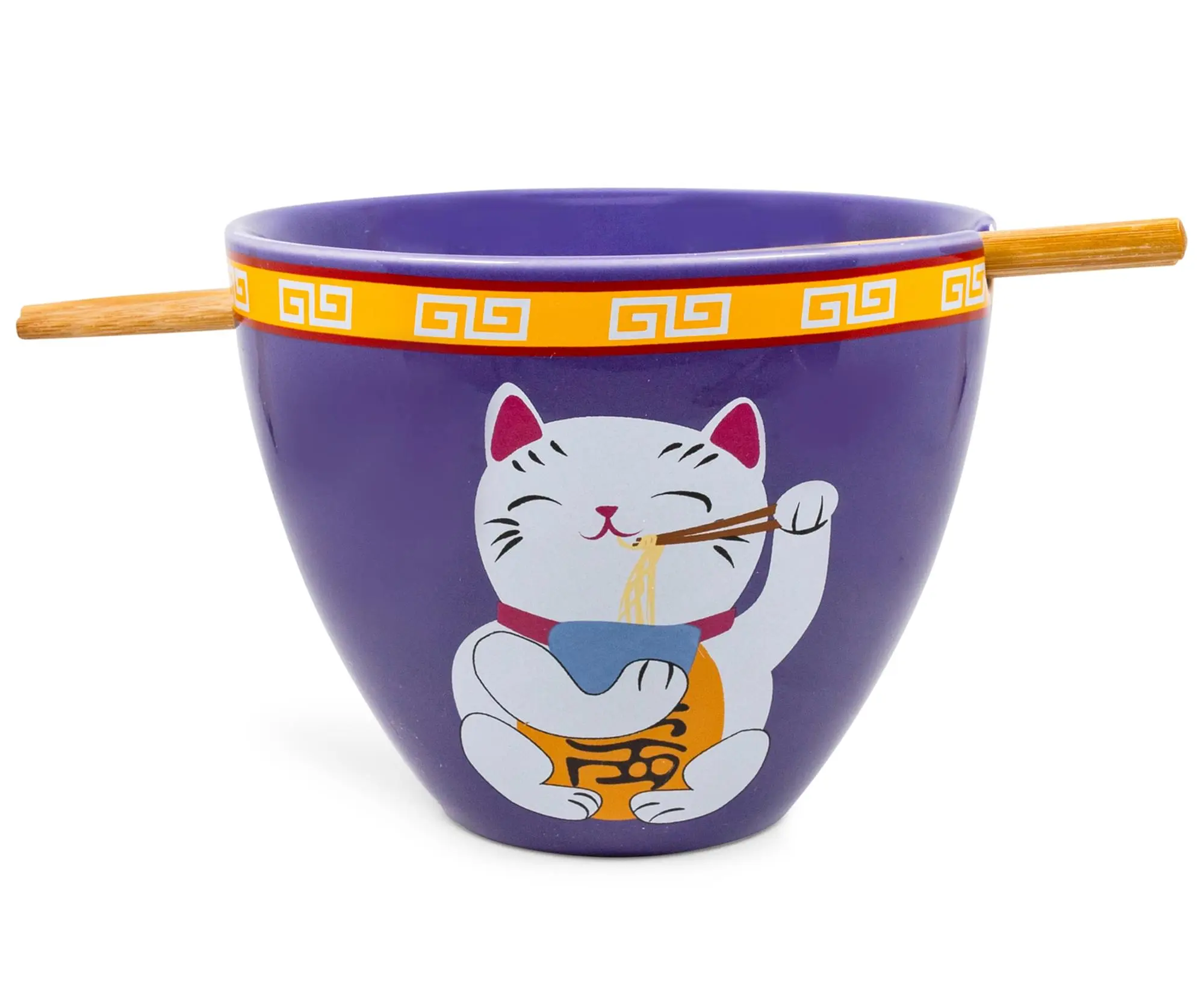 Bowl Bop Ceramic Stylish Purple Lucky Cat Japanese Tableware Set - 16-oz Noodle Ramen Bowl, Chopsticks Cutlery