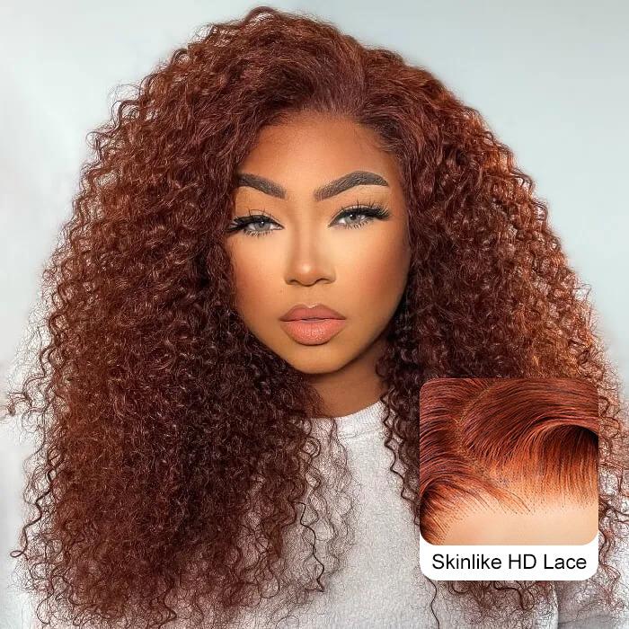 Pizazz Hair #33 Reddish Brown Curly Glueless Wig Pre-plucked 8x5 Pre Cut HD Lace Wig Quick & Easy Install