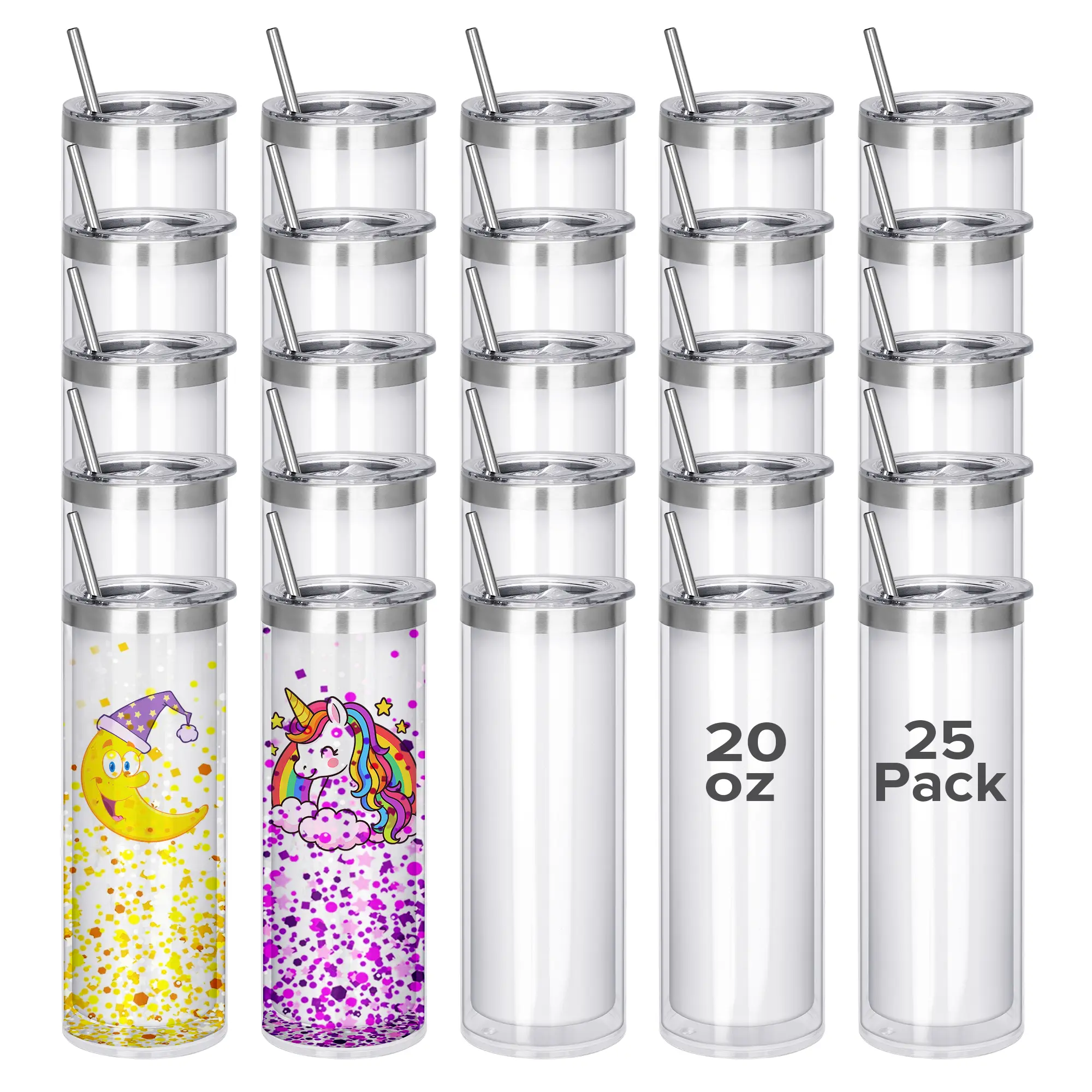 FASTSUB 20oz Sublimation Skinny Snow Globe Tumbler Cup Set (25 Pieces), Reusable Acrylic Double-Wall Water Bottles with Lid, Lead-Free Safe for UV DTF DIY Custom-Printed Use (includes Double Wall Instruction), Bpa Free
