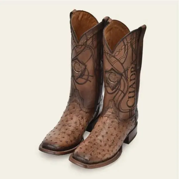 CUADRA Ostrich Honey Exotic Western Boot for Men - Round Toe, Winter Style, Genuine Leather, Laser Engraved, Metallic Cuadra Monogram, CU744