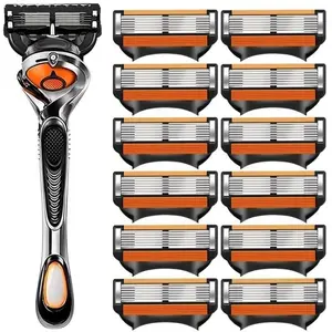 Men's Razor Blade Replacement Set 24-Piece 6 Layer Ultra Sharp Stainless Steel Blades with Ergonomic Handle for Smooth Shaving Face Head Body Grooming