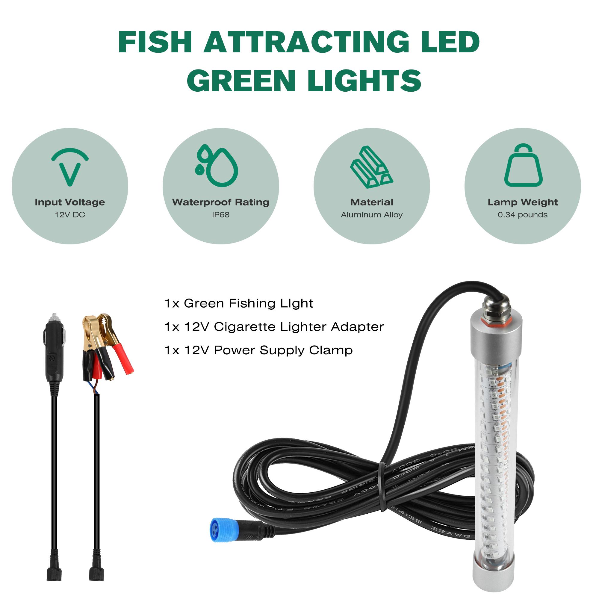 Green Underwater Fishing Light 12V / 110V-265V, 100W / 200W Fish Attracting Light for Boat Docks Kayaks at Night, Submersible Green Light for Crappie Snook Squid Bait Catfish (16ft / 32ft Cord)