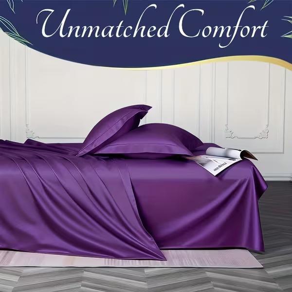 4pcs Bamboo Bed Sheet Set - Ultra Soft & Breathable Cooling Sheets, Deep Pocket Fitted Sheet (13.78-15.35inch), Shrink-Resistant & Wrinkle-Free, All-Season Luxury Bedding with Flat Sheet & Pillowcases - Elegant Modern Bedroom Decor in Deep Purple - Ideal