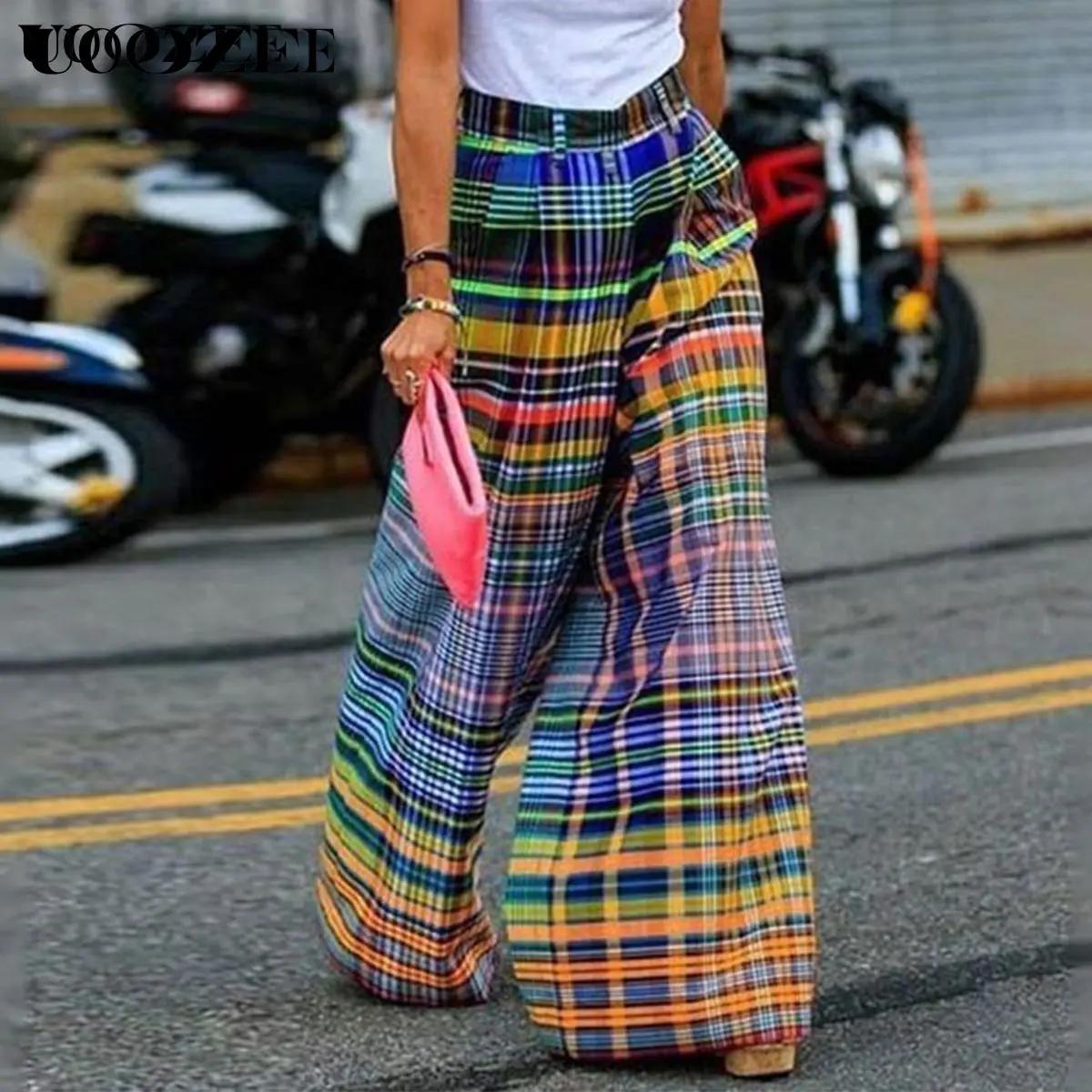 UOOZEE Women's High-Waisted Polyester Gingham Checkered Boho Pants - Baggy, Oversize, Wide-Leg Casual Bottoms, Machine Washable Women's Clothes,back to school shopping