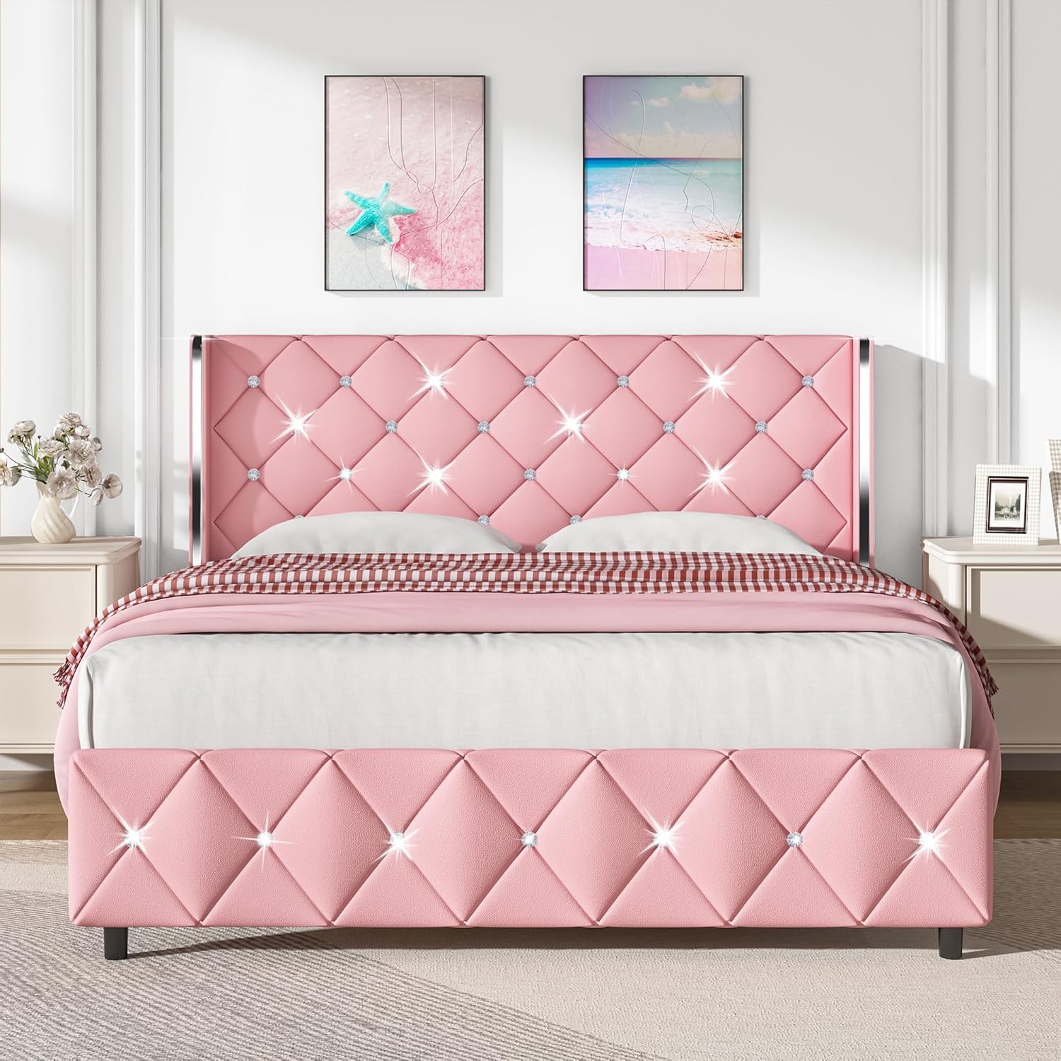 HOMBCK Bed Frame, No Mattress, Upholstered Platform Bed Frame with Wingback Diamond Tufted Headboard