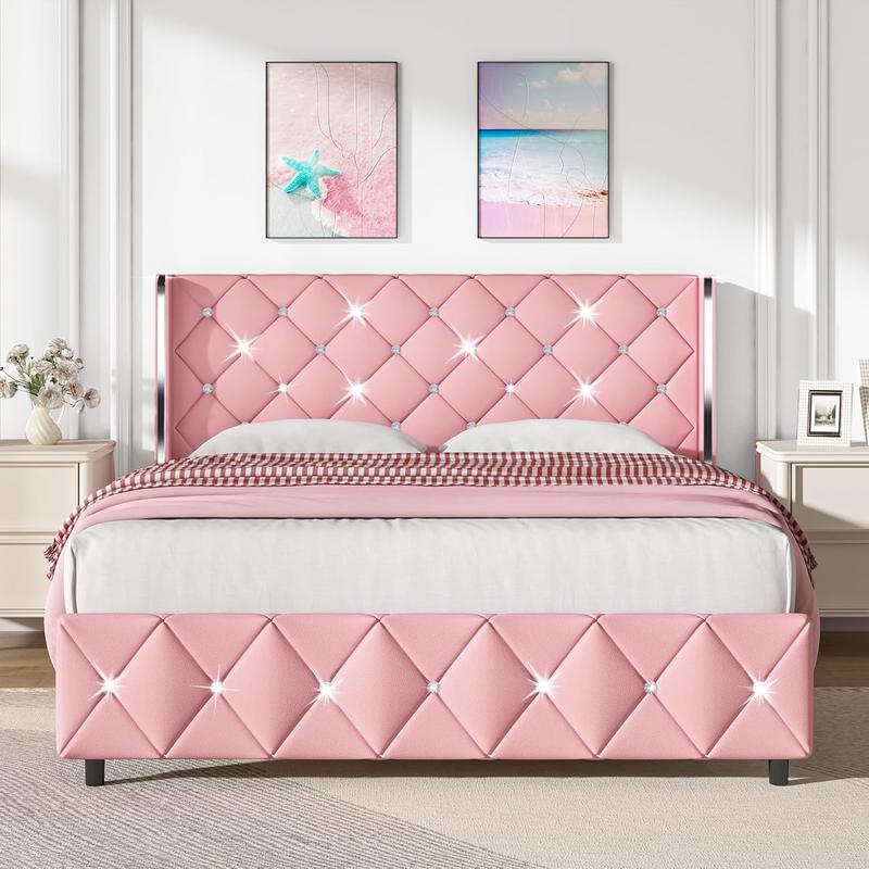 HOMBCK Bed Frame, No Mattress, Upholstered Platform Bed Frame with Wingback Diamond Tufted Headboard