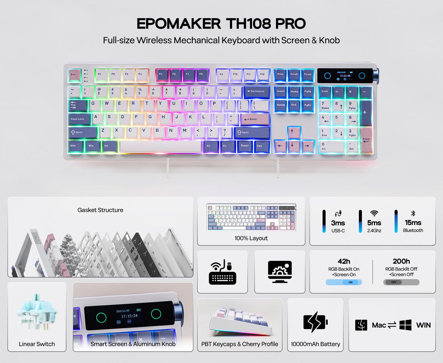 EPOMAKER TH108 PRO Full Size Mechanical Keyboard with Screen & Knob Wireless Gaming Keyboard Gasket South-Facing RGB Backlight Hot-Swappable Custom Driver for PC/Mac creamykeyboards TikTokShopSpringGlowUp