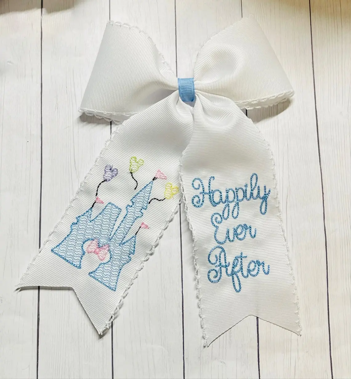 Custom embroidered Magic Land castle Happily Ever After moonstitch ribbon hair bow