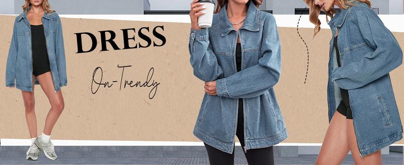 Imily Bela Womens Oversized Denim Jackets Casual Zip up Spring Long Sleeve Jean Jacket with Pocket