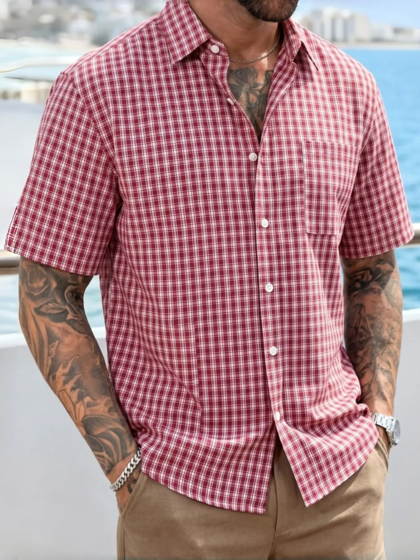 Men's Retro Vintage Plaid Checked Short Sleeve Shirt, Casual Plain Cool Cotton Top, Versatile Fashionable Men's Clothing, Comfortable Daily Wear