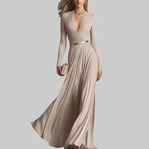 LikeMychoice Women's Deep V Wrap Maxi Dress Long Sleeve Flowing Evening Gown for Wedding Guest Formal Party Soft Chiffon Flattering Wrap Cut with Belt Detail - Womenswear weddingguestdress