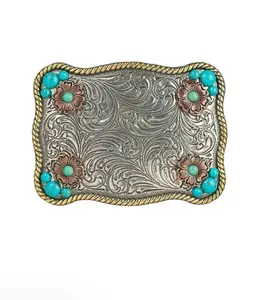 Nocona Turquoise & Copper Flower Belt Buckle – Antique Silver & Gold Roped Edge (Style #37929)