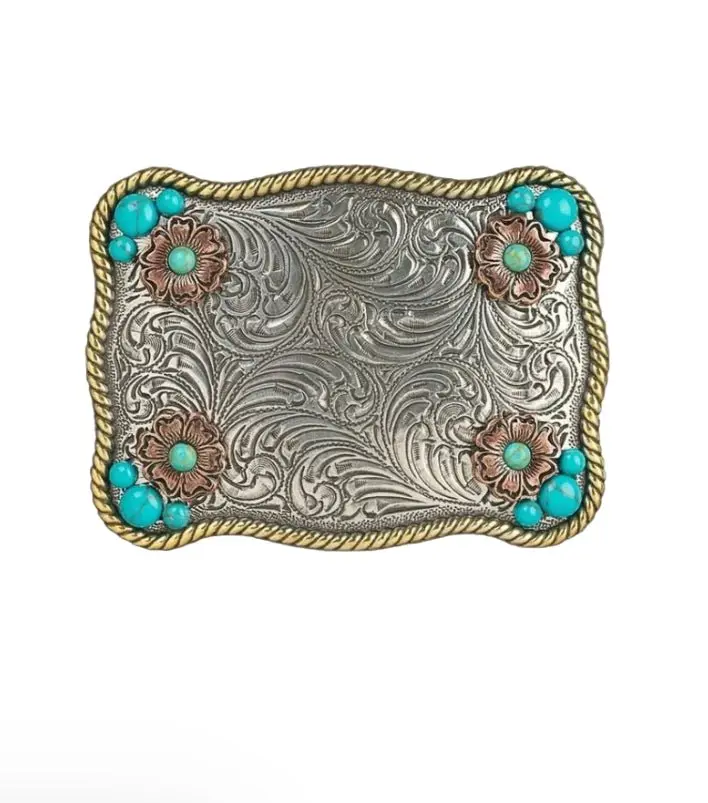 Nocona Turquoise Floral Western Metal Waistband Buckle - Copper, Silver, Gold Engraved, Unisex Design Buckle, Ranch & Rodeo Fashion Accessory - Style 37929