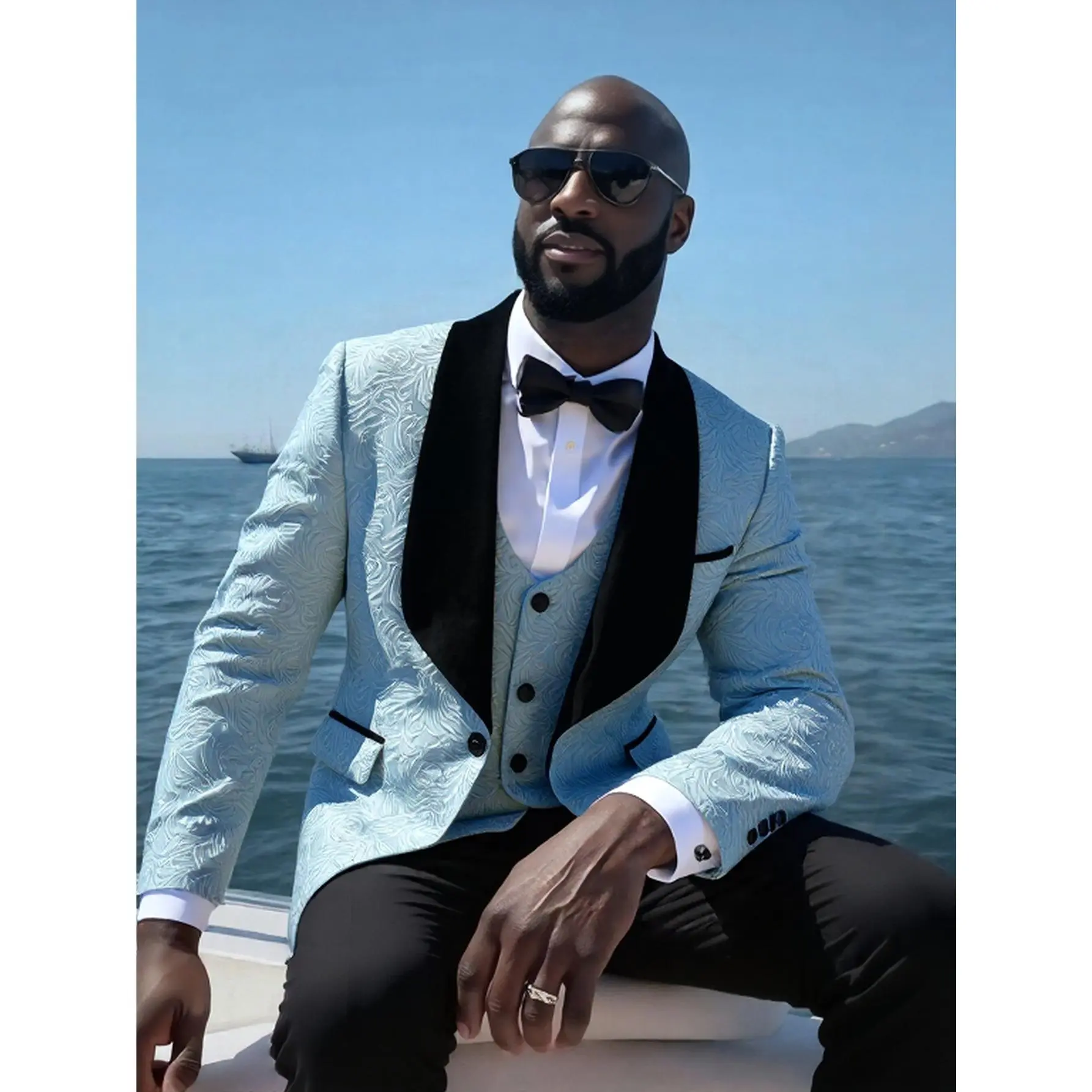 Men's Formal 3-Piece Suit Set, Elegant Slim Fit Floral Jacquard Tuxedo with Shawl Lapel and Pockets, Breathable Long Sleeve Menswear for Weddings, M, Polyester