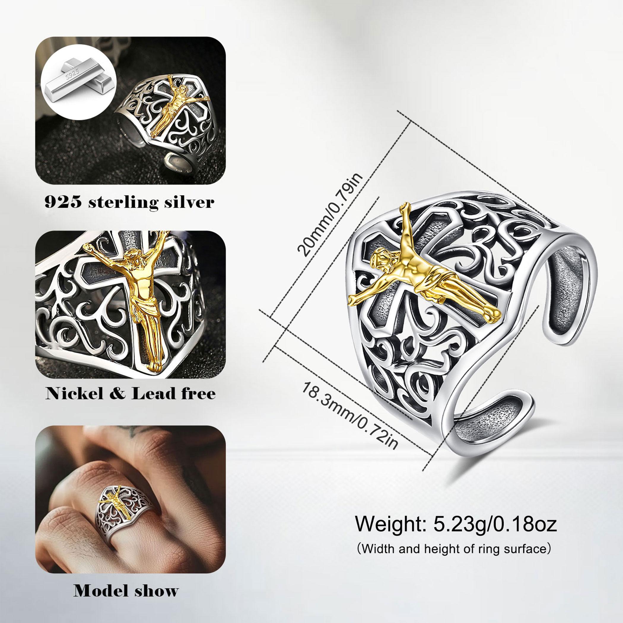 Eudora S925 Sliver Vintage Saint Benedict Ring, Adjustable St.Benedict Open Ring, Unisex Band with Benedictine Cross & Latin Inscriptions, Christian Jewelry Gift