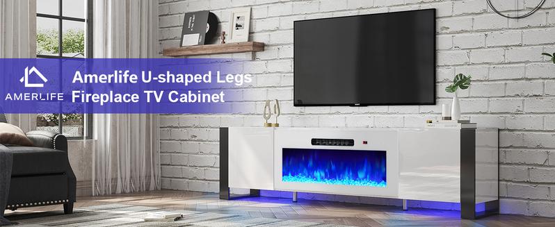 [Ships in 2 Boxes] AMERLIFE U-Shaped Legs Fireplace TV Stand, Media Console with Electric Fireplace and LED Lights, Modern Entertainment Center with Storage Shelf, Apartment Furniture/Best Gift Ideas/Christmas Gifts