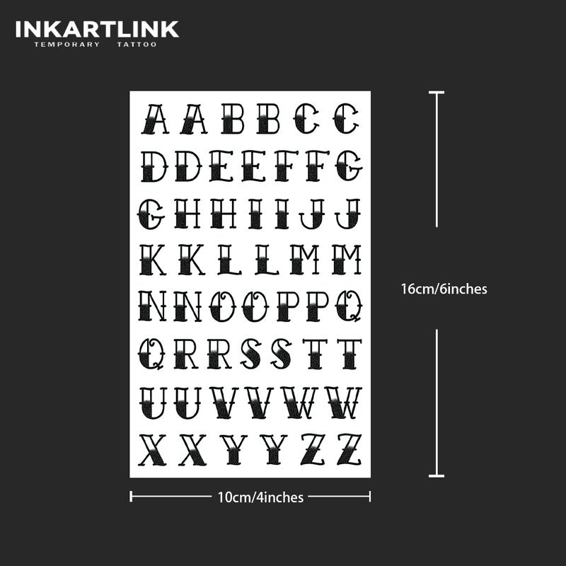 INKARTLINK Tattoo Tech,Alphabet Series, 2 Sheets Extra large Semi Permanent Tattoo, Adult Art Design Temporary Tattoos, Lasts 1-2 Weeks, Waterproof, Realistic Look, No Adhesive, No Reflection (English alphabet)