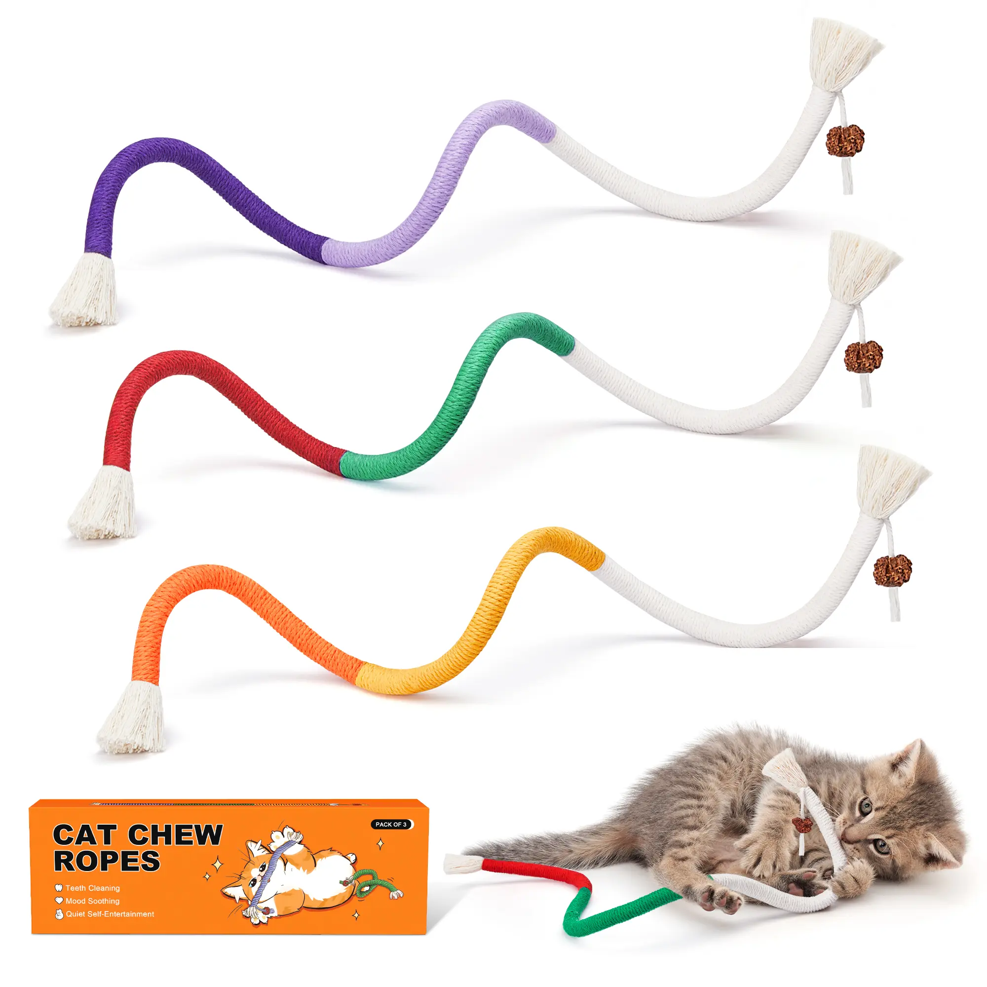 Potaroma Cat Toys Chew Ropes 3Pcs, Safe Teeth Cleaning Toy for Indoor Kittens, Calming Interactive  Kitty Toys #backtoschool