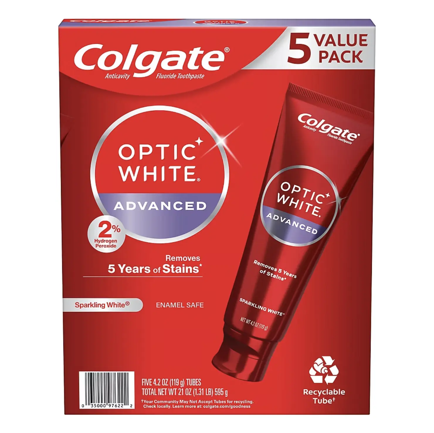 Colgate Optic White Advanced with 2% Hydrogen Peroxide Sparkling White Toothpaste Mint, 4.2oz 5 pk