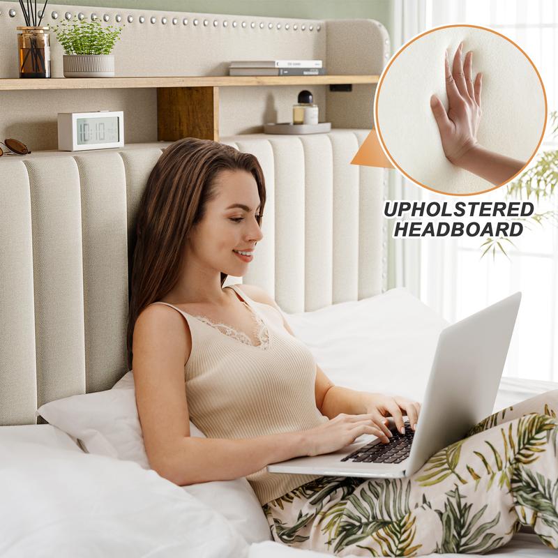 RaybeeFurniture Bed frame Queen Size, NO MATTRESS, King Bed Frame with Headboard&Storage, 2 Drawers, Upholstered Bed Frame with Storage and Headboard, NO Noise,No Box Spring Needed
