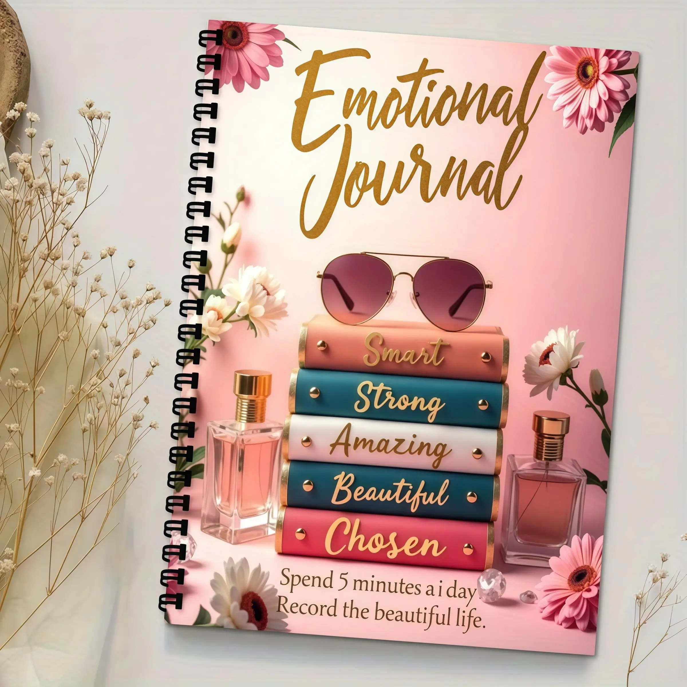 1 A5 spiral-bound self-care and planning diary with floral patterns, 5-minute daily gratitude & positivity diary, Gratitude Journals, Life Planner Journal, Planner Notebook, Self Improvement Journal, birthday, Christmas, New Year gifts