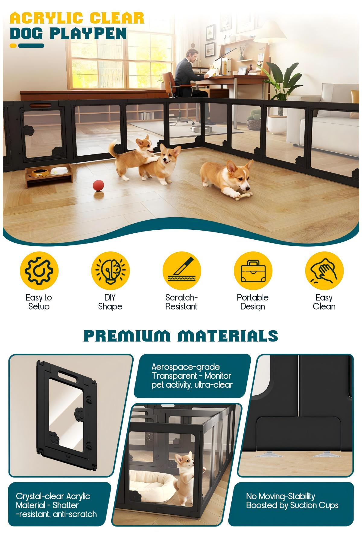 AMERLIFE Acrylic Clear Dog Playpen Indoor, Modular Puppy Cat Small Pet Play Pen with Doors, Transparent Fence for Little Dogs, Cats, Rabbits, Easy Assemble and Disassemble, (24" H, 10/14/17 pcs)