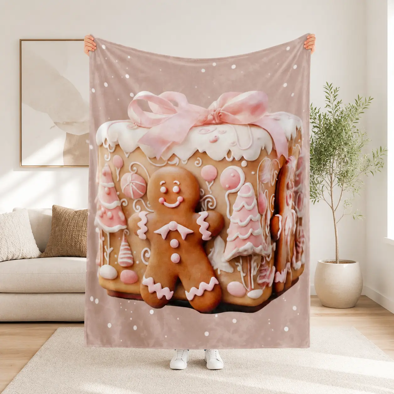 Cute Gingerbread House Throw Blanket, Pink Christmas Blanket, Cozy Soft Fleece Blanket for Holiday Home Decor, Bedroom & Couch