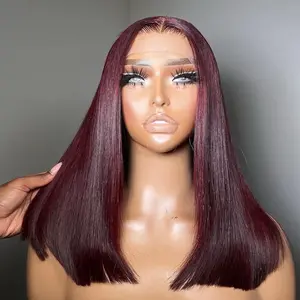 Bob Wig Dark 99J Straight Lace Frontal Wig Burgundy Lace Front Human Hair Wig Pre Plucked For Women  180% Denisity