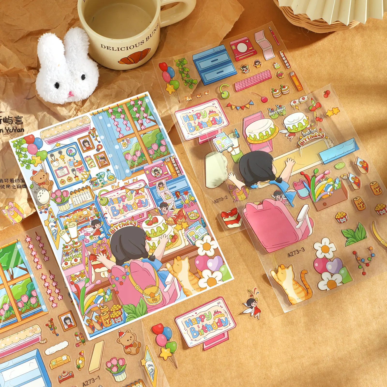 3-in-1 Cute Stickers Set - Soft Pastel Miniature Scene Stickers with Creative Designs, Flexible Arrangement, High Playability for Journaling, DIY Crafts (Birthday Party, Coffee Bookstore Themes)