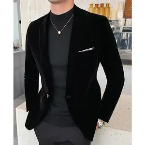 Men's Casual Velvet Blazer - Solid Color Lapel Collar Jacket, Cotton-Polyester Blend, Regular Fit Daily Coat with Chest Pocket