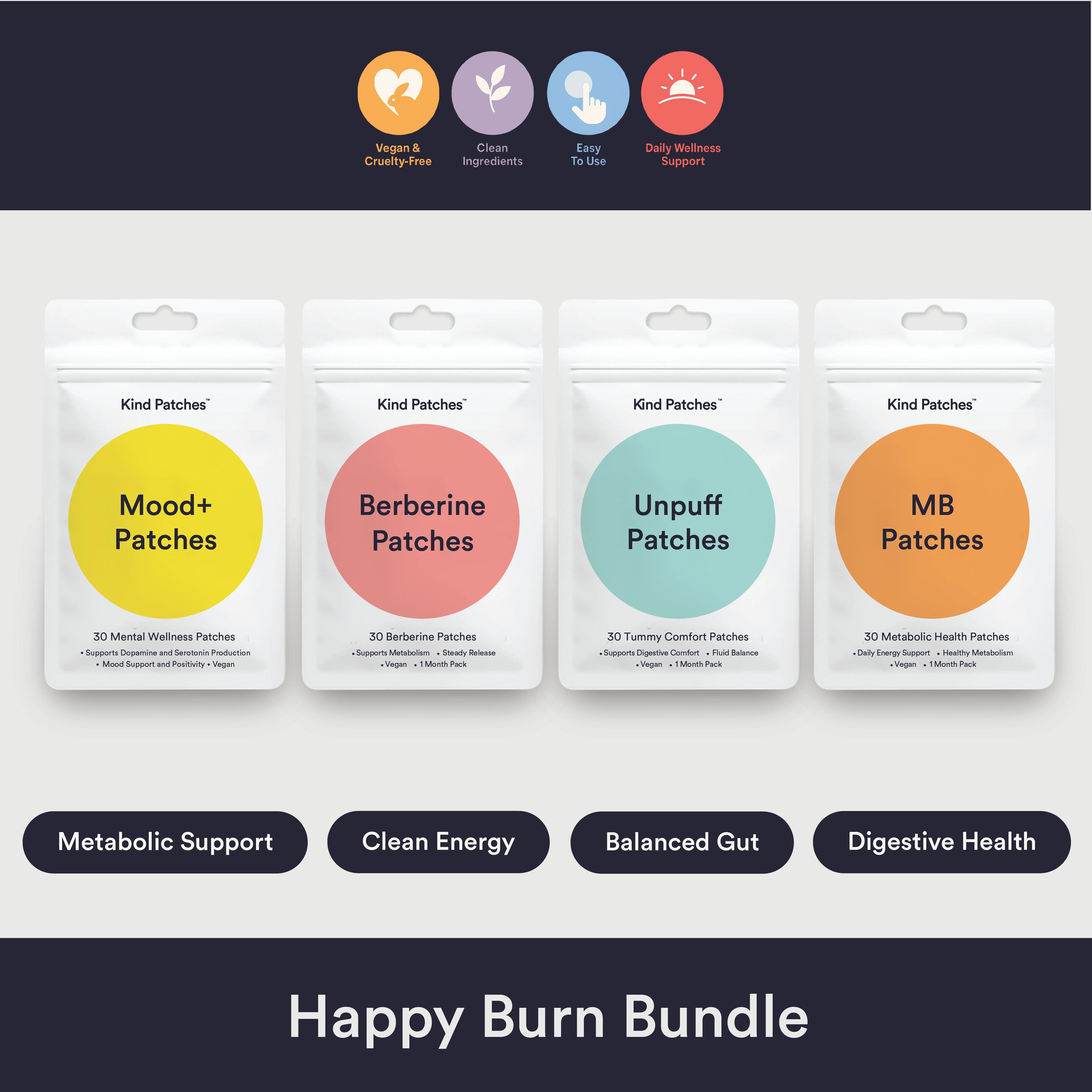 Kind Patches Happy Burn Bundle, Mood+ Patches + MB Patches + Berberine Patches + Unpuff Patches, Metabolic/Mood Support, Clean Energy, Balanced Gut, Digestive Health, Natural Ingredients, Vegan Kind Patches Happy Burn Bundle, Mood+ Patches + MB Patches + Berberine Patches + Unpuff Patches, Metabolic/Mood Support, Clean Energy, Balanced Gut, Digestive Health, Natural Ingredients, Vegan